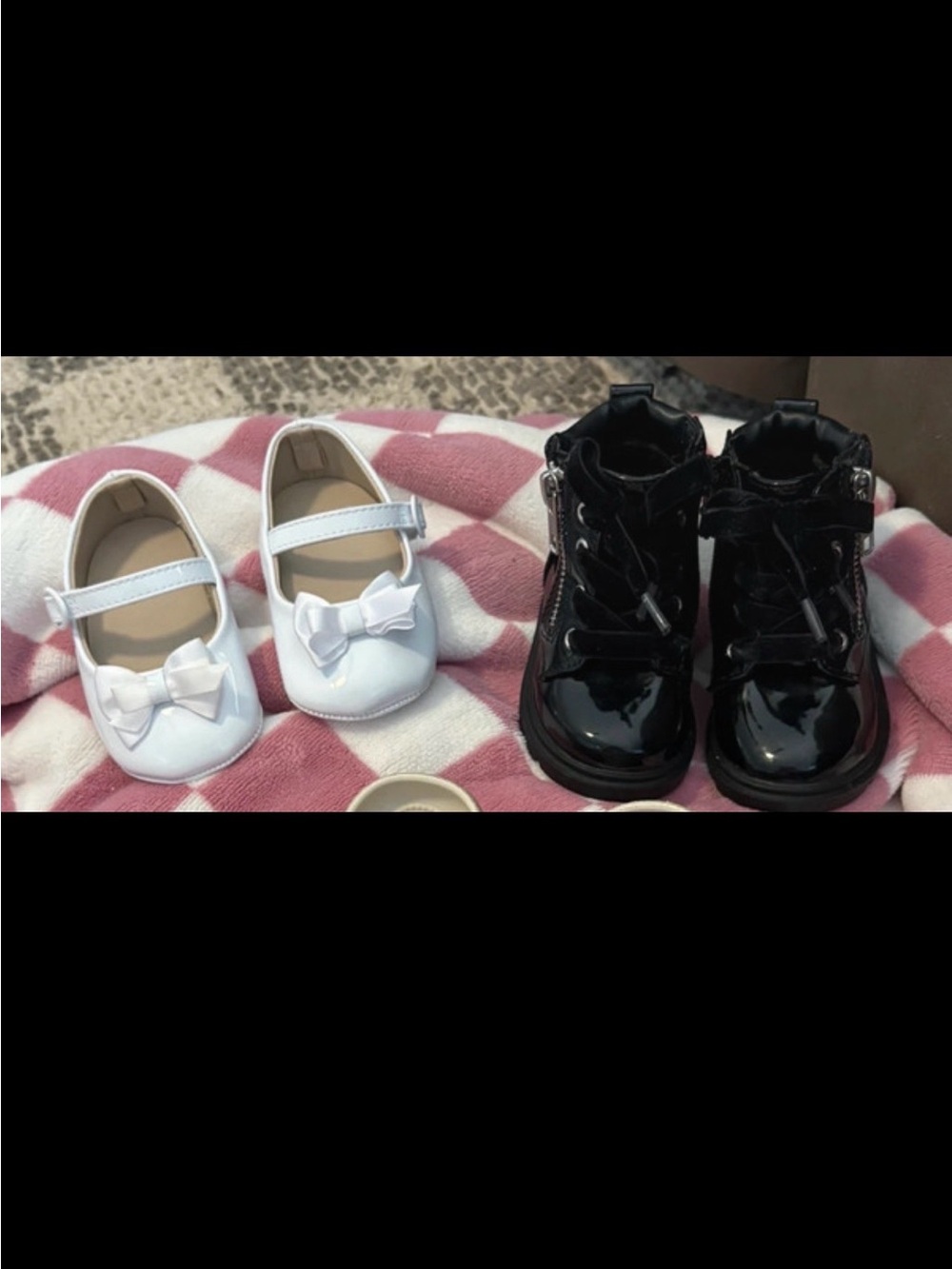 Infant Girls White Patent Mary Jane Dress Shoe with Bow & Black Boots Bundle